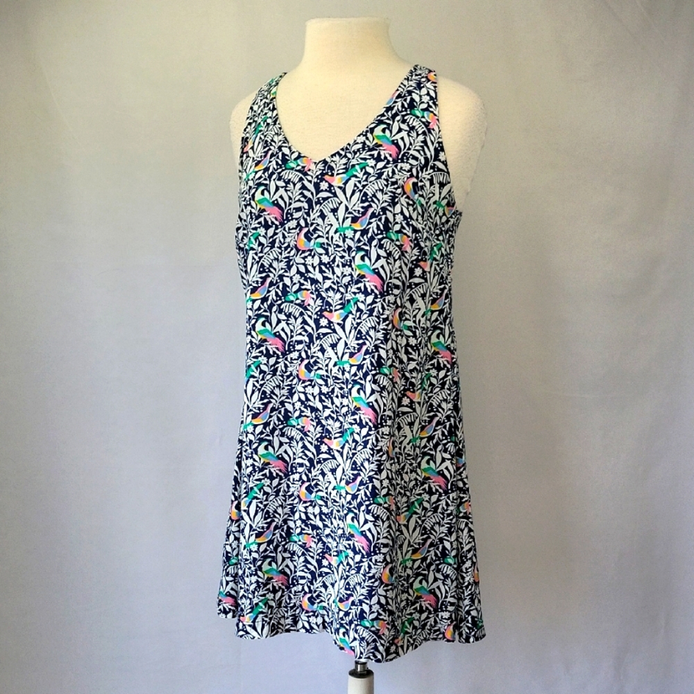 LOFT Swing Dress With Criss Cross Back Bird Print Size Small